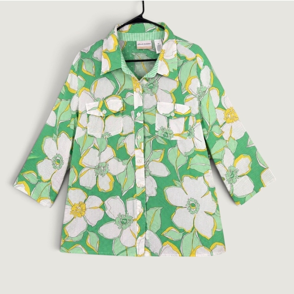 Alfred Dunner  Size 16W Green Floral Swiss Dot  Appliqué Cami  & Tunic Top Airy